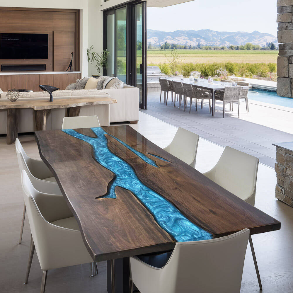 In-Stock Black Walnut Peacock Blue Epoxy Resin Table 40.2" × 60.2"