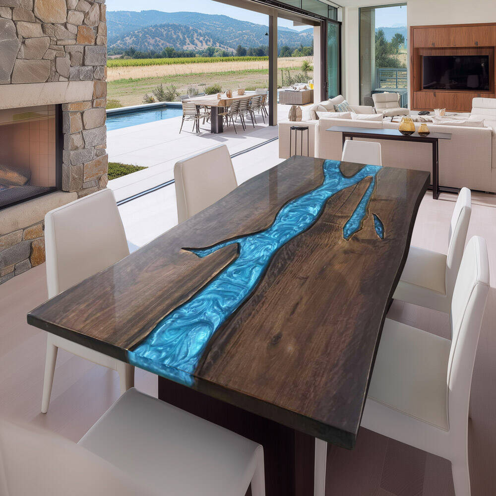 In-Stock Black Walnut Peacock Blue Epoxy Resin Table 40.2" × 60.2"