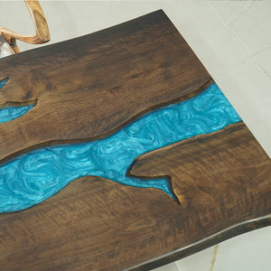 In-Stock Black Walnut Peacock Blue Epoxy Resin Table 40.2" × 60.2"