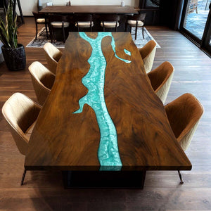 Elite Custom Solid Black Walnut Dining Table with Teal Resin Inlay ECT-103