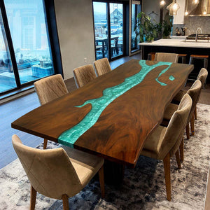 Elite Custom Solid Black Walnut Dining Table with Teal Resin Inlay ECT-103
