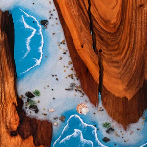 Elite Walnut Wood & Coastal Beach Wave Epoxy Dining Table with Seashells ECT-142