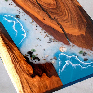 Elite Walnut Wood & Coastal Beach Wave Epoxy Dining Table with Seashells ECT-142