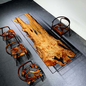 Elite Artistic Golden Camphor Wood & Transparent Epoxy Resin Dining Table ECT-144