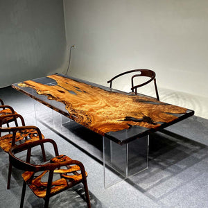 Elite Artistic Golden Camphor Wood & Transparent Epoxy Resin Dining Table ECT-144
