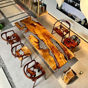 Elite Golden Camphor Wood & Transparent Crystalline Epoxy Resin Dining Table ECT-145