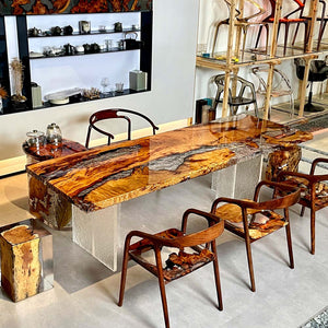 Elite Golden Camphor Wood & Transparent Crystalline Epoxy Resin Dining Table ECT-145