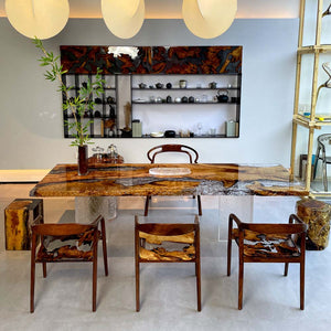 Elite Golden Camphor Wood & Transparent Crystalline Epoxy Resin Dining Table ECT-145