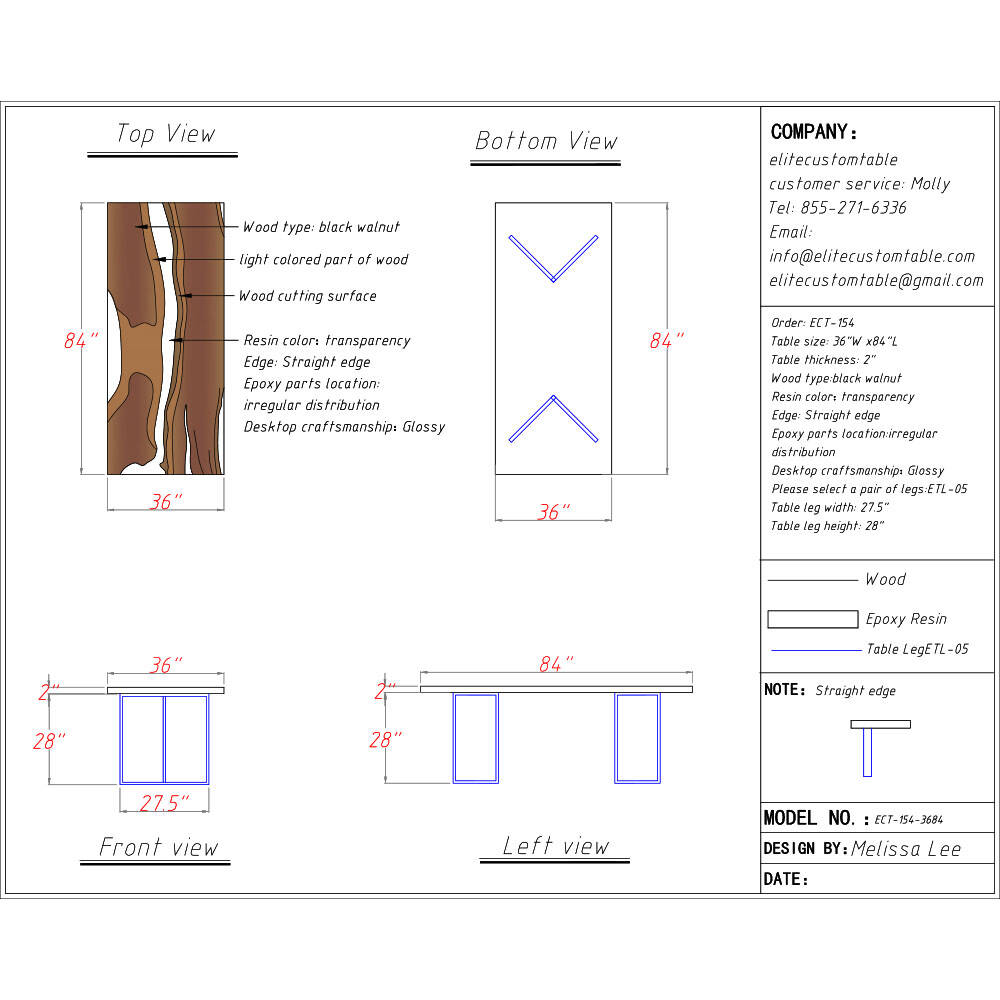 Elite Black Walnut & Transparent Black - Gray Crystal Epoxy Resin Dining Table ECT-154