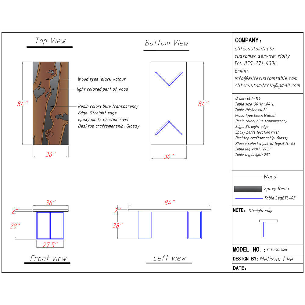 Elite Black Walnut Wood & Transparent Black - Gray Epoxy Resin Dining Table ECT-156