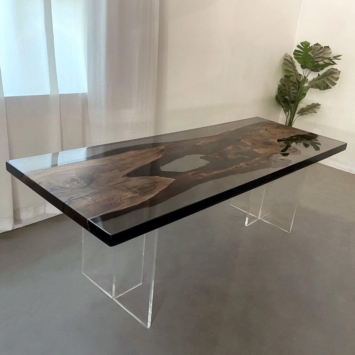 Elite Black Walnut Wood & Black - Gray Transparent Epoxy Resin Dining Table ECT-157
