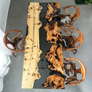 Elite Poplar & Cunninghamia Wood with Transparent Black - Gray Epoxy Resin Dining Table ECT-160