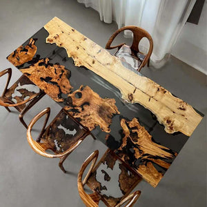 Elite Poplar & Cunninghamia Wood with Transparent Black - Gray Epoxy Resin Dining Table ECT-160