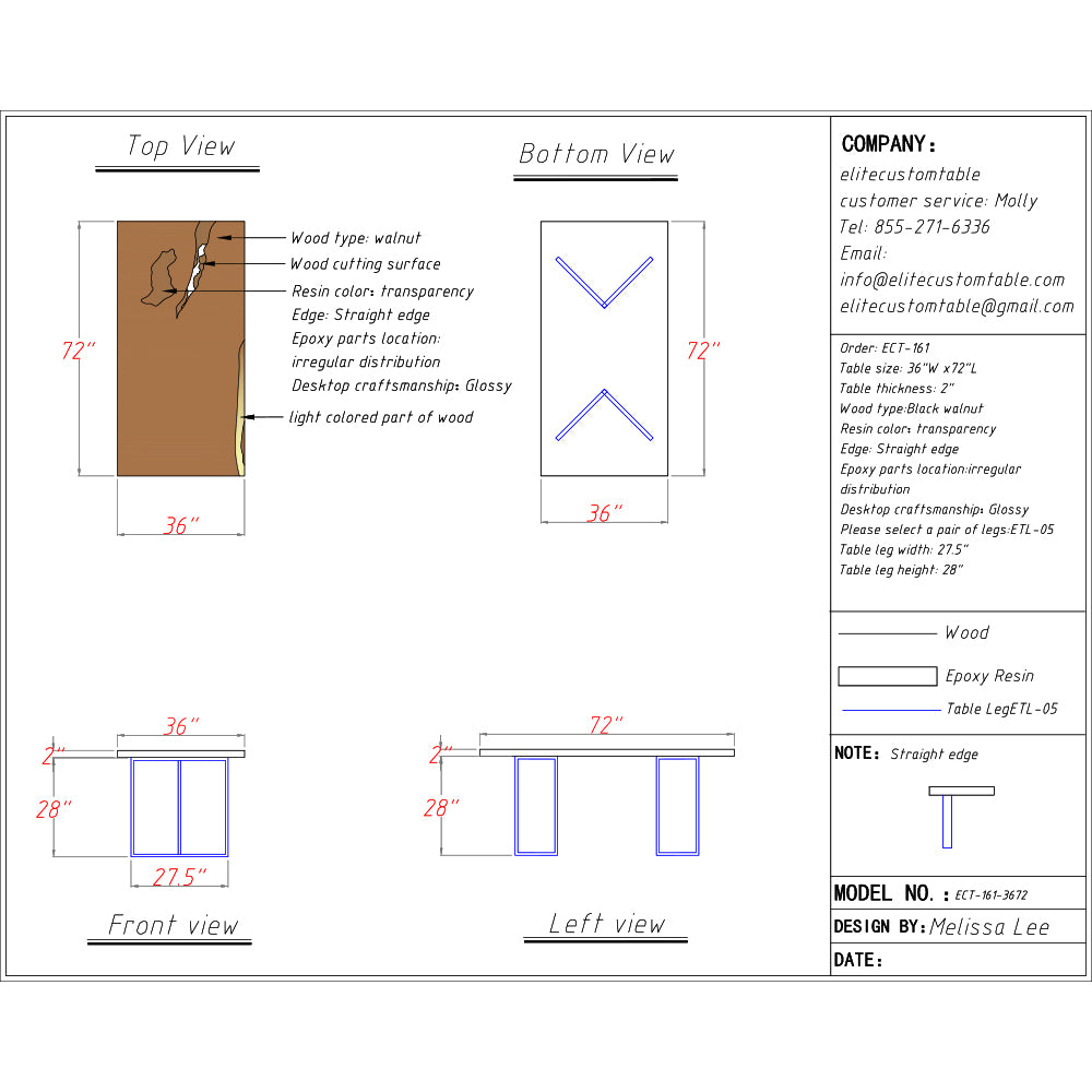 Elite Black Walnut & Black - Gray Epoxy Resin Filled Gaps Dining Table ECT-161