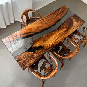 Elite Walnut Wood with Transparent Black - Gray Epoxy Resin Dining Table ECT-163