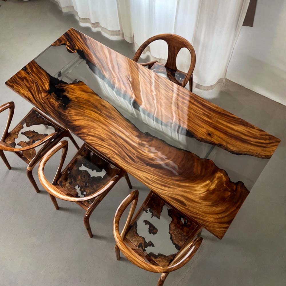 Elite Walnut Wood with Transparent Black - Gray Epoxy Resin Dining Table ECT-163