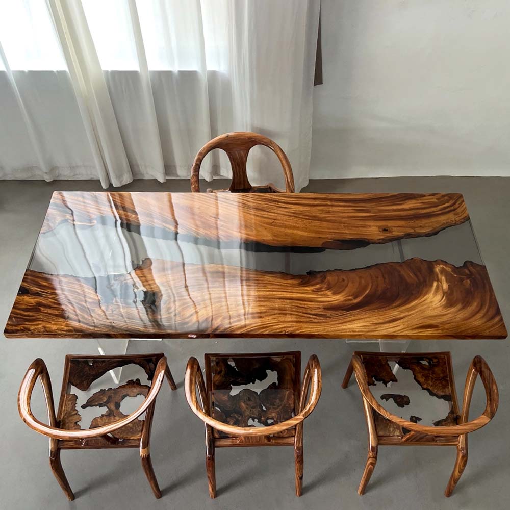 Elite Walnut Wood with Transparent Black - Gray Epoxy Resin Dining Table ECT-163