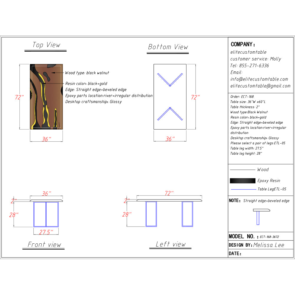Elite Walnut Wood with Black Epoxy  and Yellow Gold Dining and Conference Table ECT-168