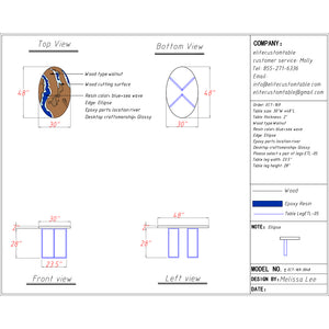 Walnut Wood with Blue and White Ocean Wave Epoxy Resin Oval Dining & Cofffee Table ECT-169