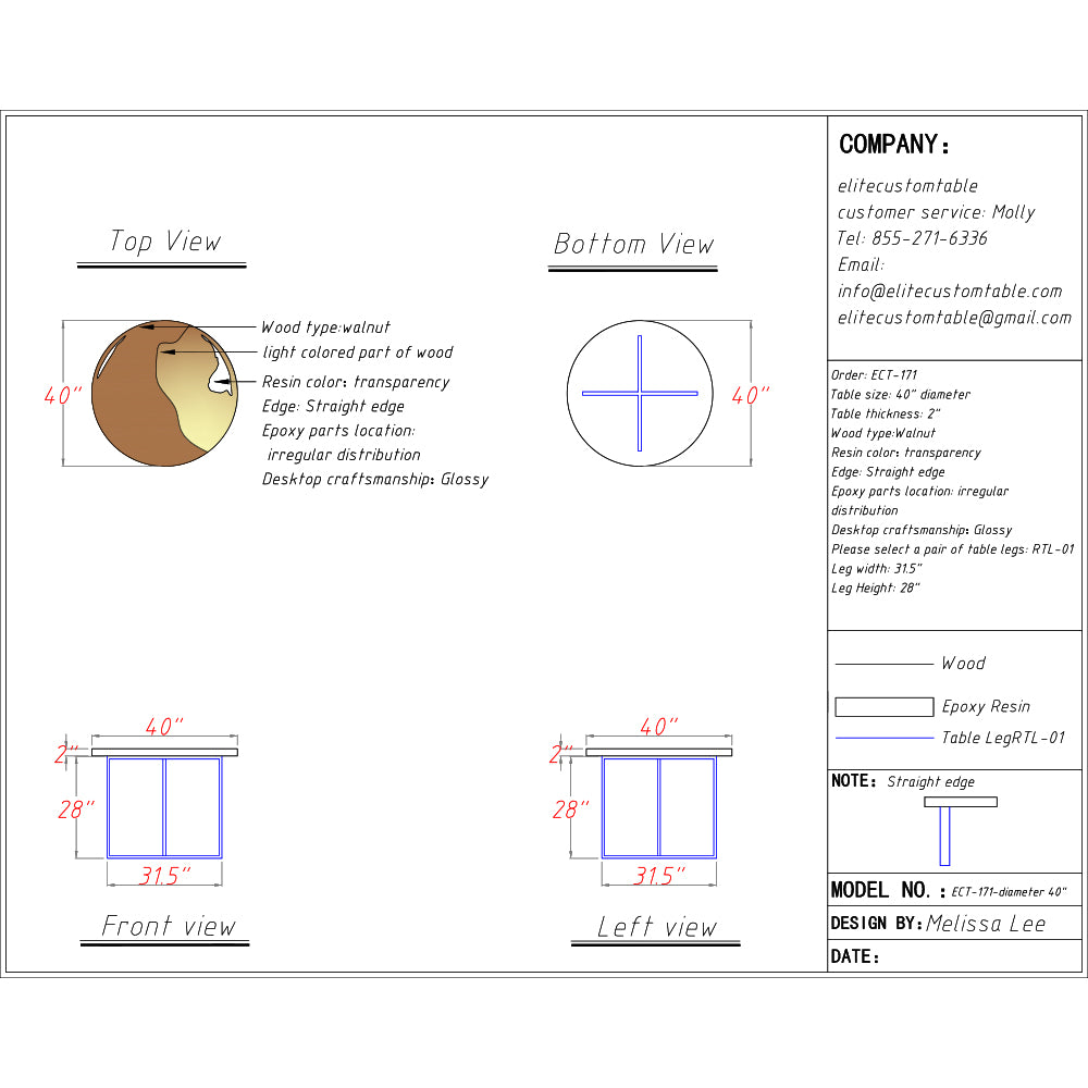 Elite Large Walnut Wood with Transparent Epoxy Resin Round Table ECT-171
