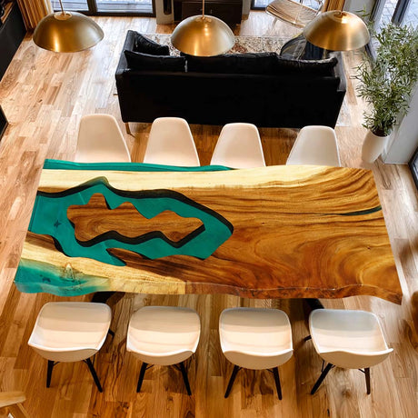 Elite Walnut Wood with Transparent Lake Green Epoxy Resin Dining Table ECT-177
