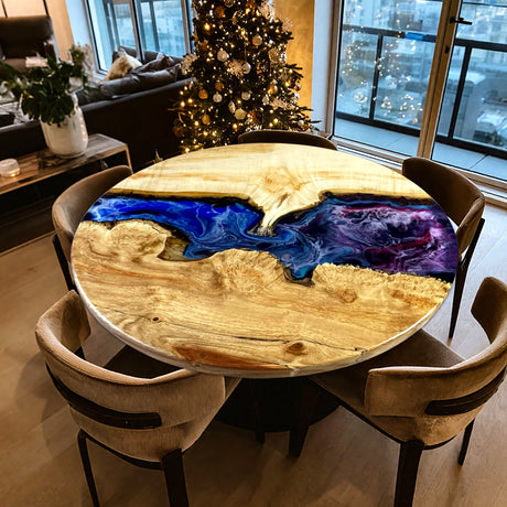 Elite Poplar Wood with Blue - Purple Cosmic Galaxy Epoxy Resin Round Coffee Table ECT-189