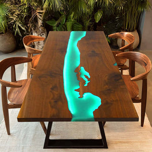 Elite Custom Walnut Wood River Epoxy Resin Dining Table With LED Light ECT-210