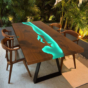 Elite Custom Walnut Wood River Epoxy Resin Dining Table With LED Light ECT-210