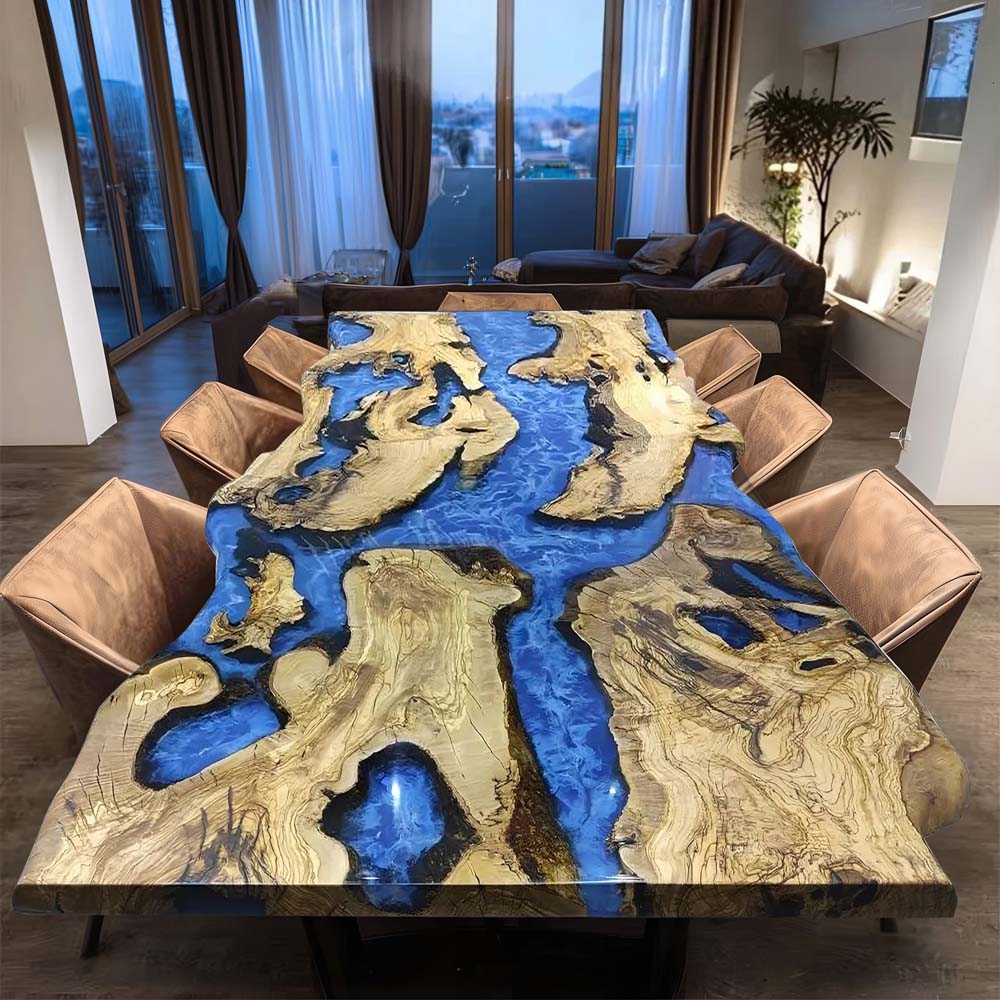 Elite Live - Edge Olive Wood and Blue Resin River Dining Table ECT-214