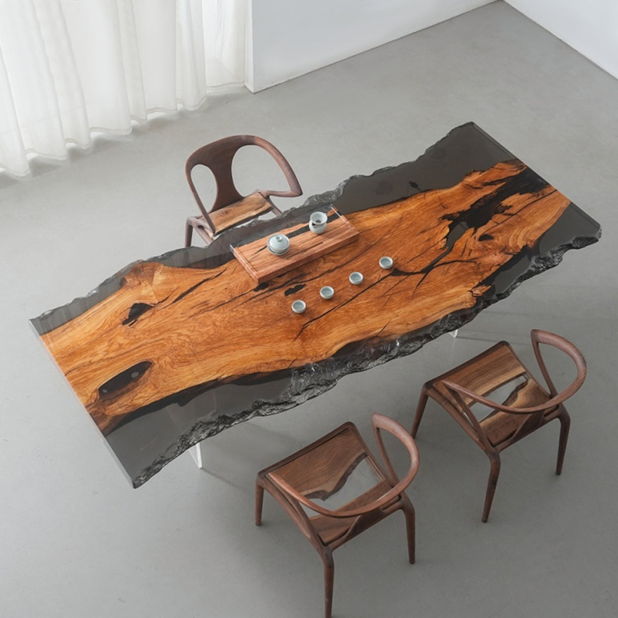 Elite Olive Wood Office Desk – Luxury Translucent Black Resin Straight Edge Workspace ECT-283