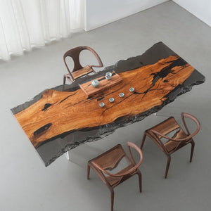 Elite Olive Wood Office Desk – Luxury Translucent Black Resin Straight Edge Workspace ECT-283