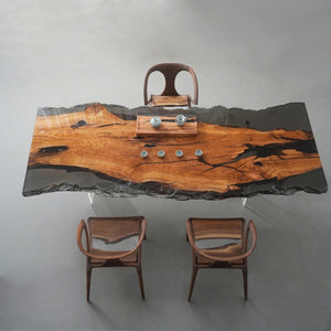 Elite Olive Wood Office Desk – Luxury Translucent Black Resin Straight Edge Workspace ECT-283