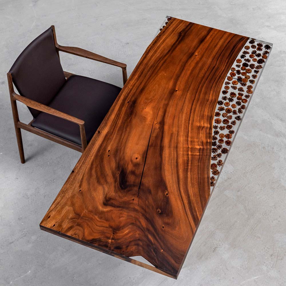 Elite Custom Organic Walnut & Pinecone - Filled Epoxy Dining Table ECT-37