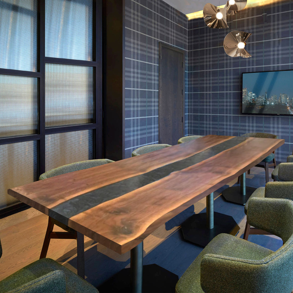 Elite Custom Walnut Wood Live Edge Walnut Black Epoxy Conference Table ECT-52