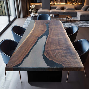 Custom Gray Epoxy Resin Black Walnut Wood River Table ECT-56
