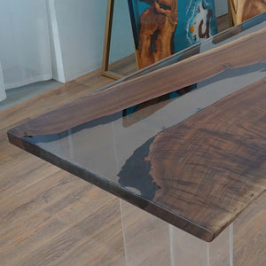 Custom Gray Epoxy Resin Black Walnut Wood River Table ECT-56