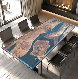 Custom Walnut Kitchen Blue Black Epoxy Resin River Table ECT-57