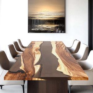 Custom Olive Wood Amber Epoxy Resin River Dining  Table ECT-58