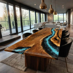 Elite Custom Black Walnut Resin Dining & Conference Table with Turquoise Resin Swirls ECT-89