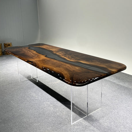 A beautiful epoxy resin wood coffee table with a unique natural wood grain pattern and epoxy resin inlays