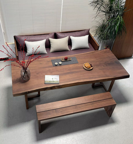 Brown Live Edge Walnut Solid Wooden Sofa Table and Chair