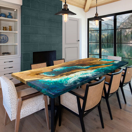 Wave-Sha[e Epoxy Resin Table, Dining Table, Blue Epoxy, River table