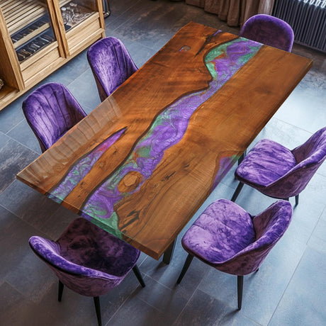 Rectangular dining table with a stunning purple and green epoxy - resin inlay, surrounded by plush purple velvet chairs.