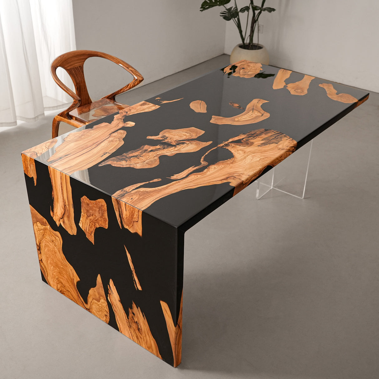 Elite Olive Wood with Black Epoxy Resin L - Shaped Waterfall Dining & Bar Tables ECT-183