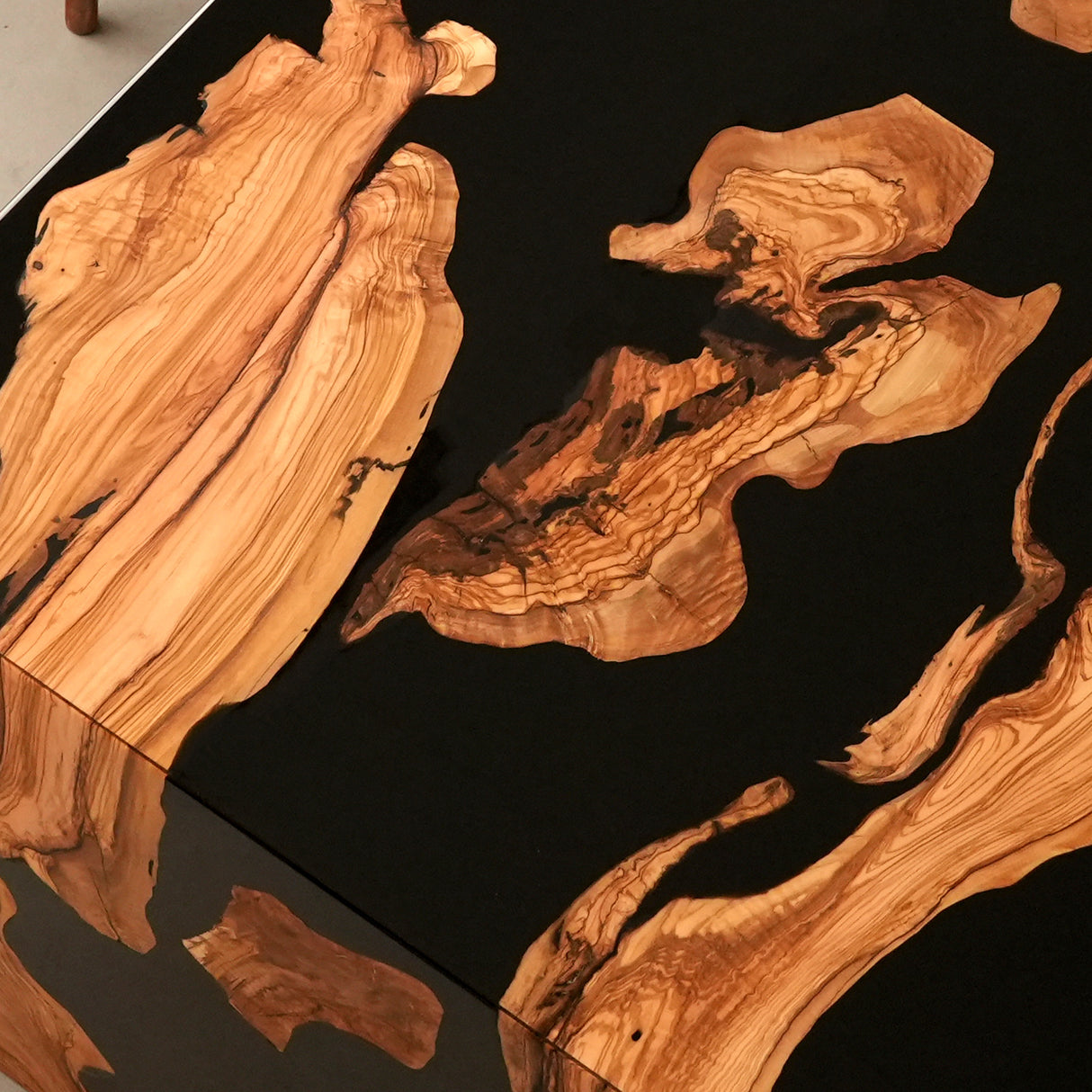 Elite Olive Wood with Black Epoxy Resin L - Shaped Waterfall Dining & Bar Tables ECT-183