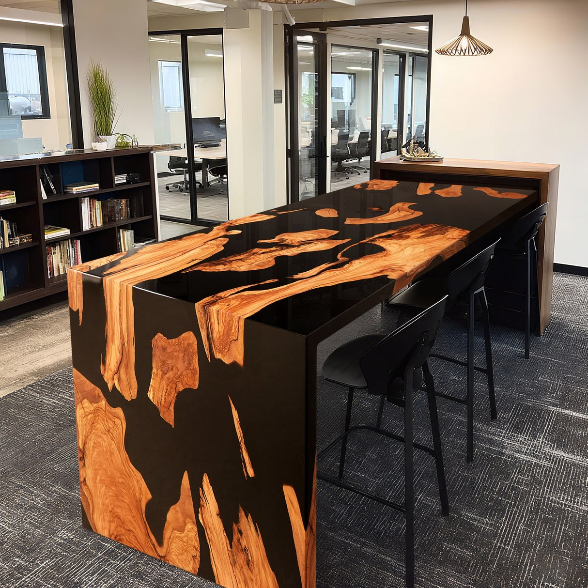 Elite Olive Wood with Black Epoxy Resin L - Shaped Waterfall Dining & Bar Tables ECT-183