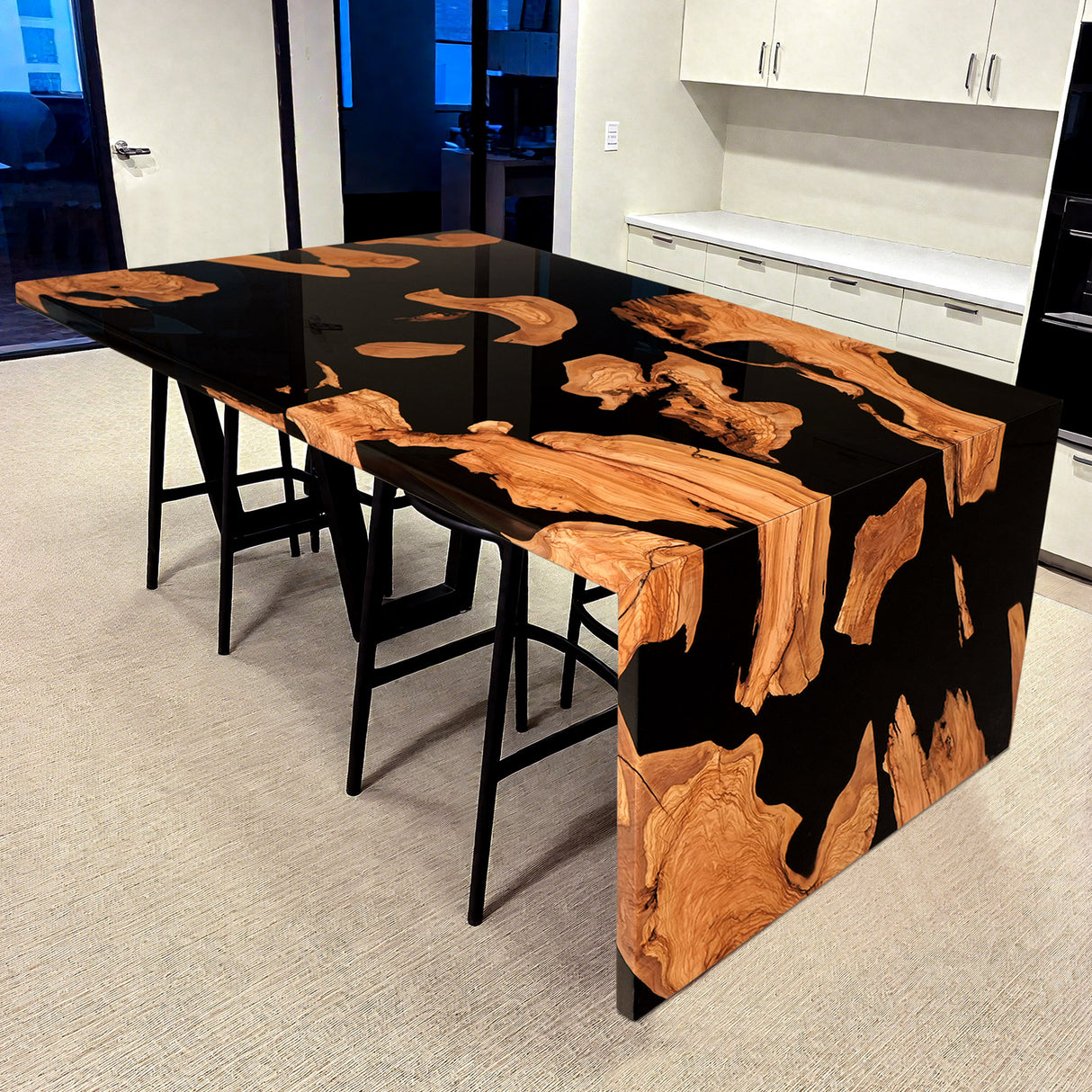 Elite Olive Wood with Black Epoxy Resin L - Shaped Waterfall Dining & Bar Tables ECT-183