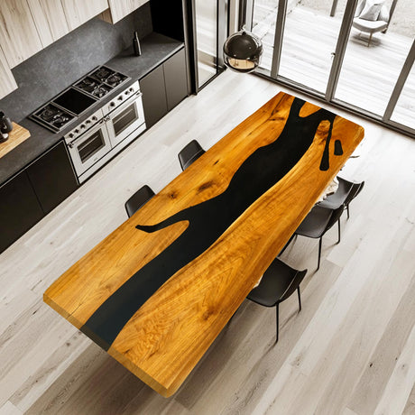 Modern Black Resin - Inlaid Wooden Dining Table