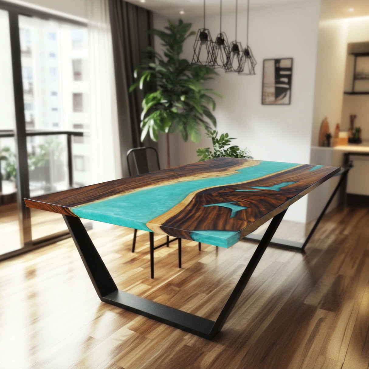 Rectangular dining table with a wooden surface and a turquoise epoxy - resin inlay, supported by black metal legs.