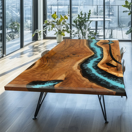 Rectangular wooden dining table with a turquoise - blue epoxy - resin inlay resembling a river, set in a bright room with large windows and plants.